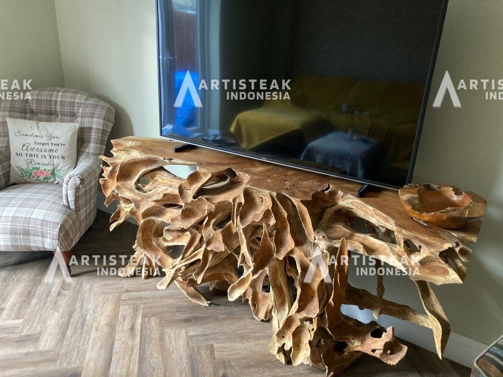 SARANG SEMUT Style Leaves Finishing Teak Root Console Table - Custom Carved Teak Root Console Table Sustain Teak console table - SOGEH Furniture