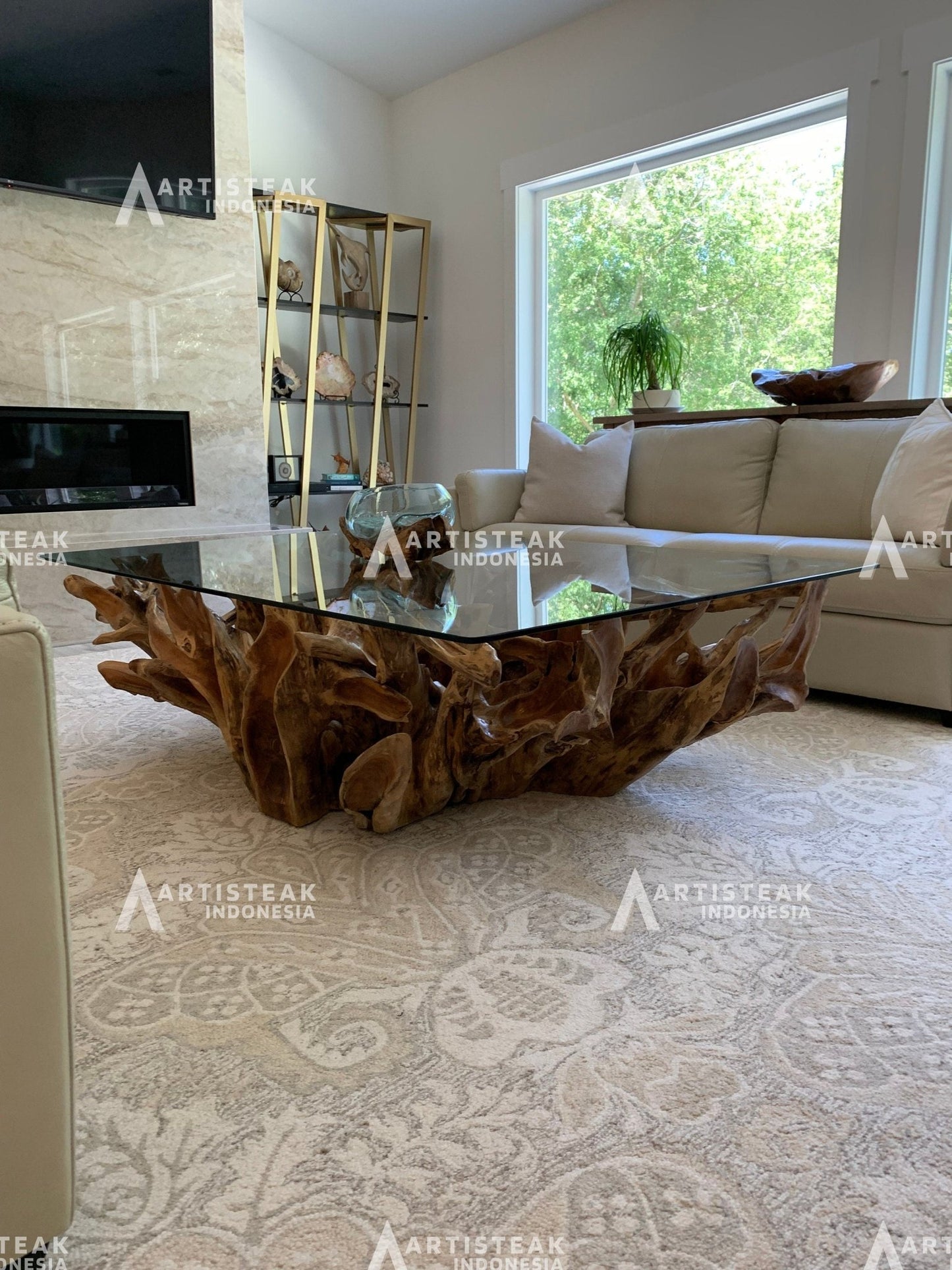 Square Leaves Teak Root Coffee Table - High Quality Teak Root Coffee Table - Handcarved by Experienced Artisan - Unique and One of a Kind - SOGEH Furniture