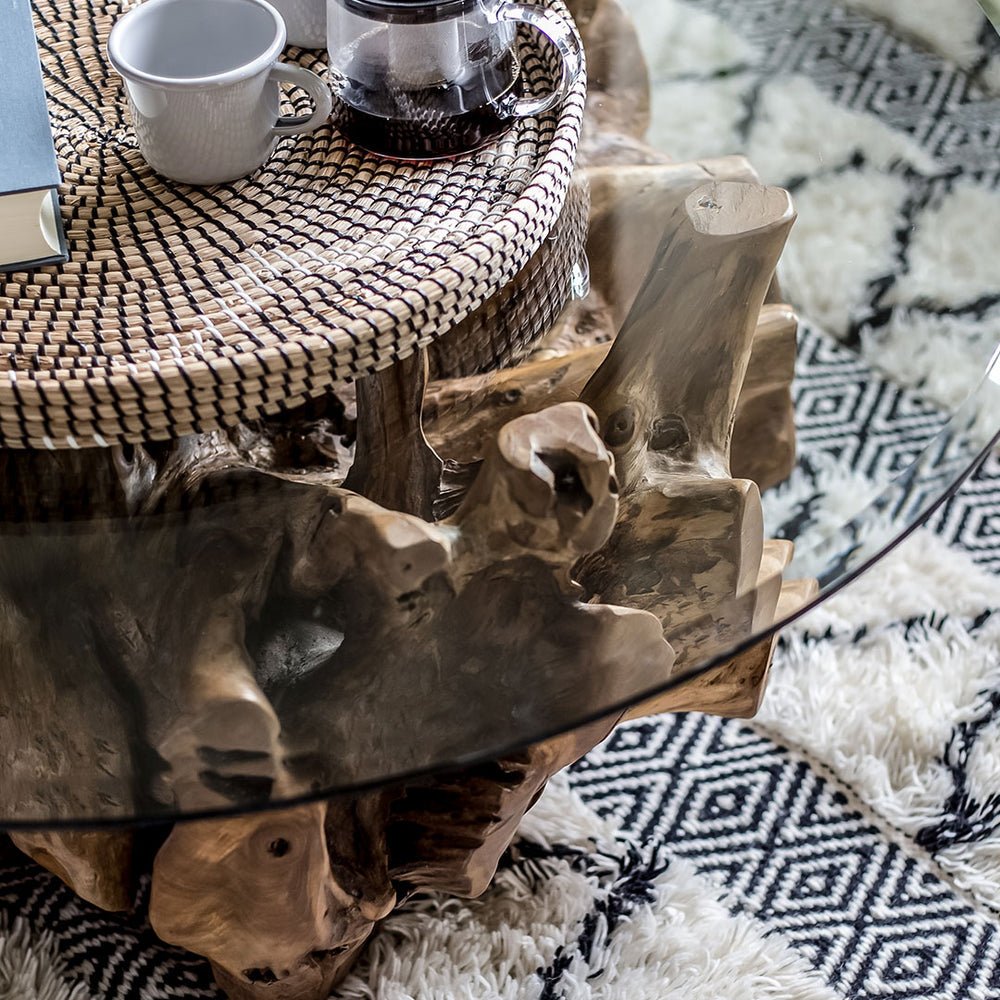 Teak Root Coffee Table with Glass Top - Indonesian Teak Root Table - Luxury Coffee Table - SOGEH Furniture