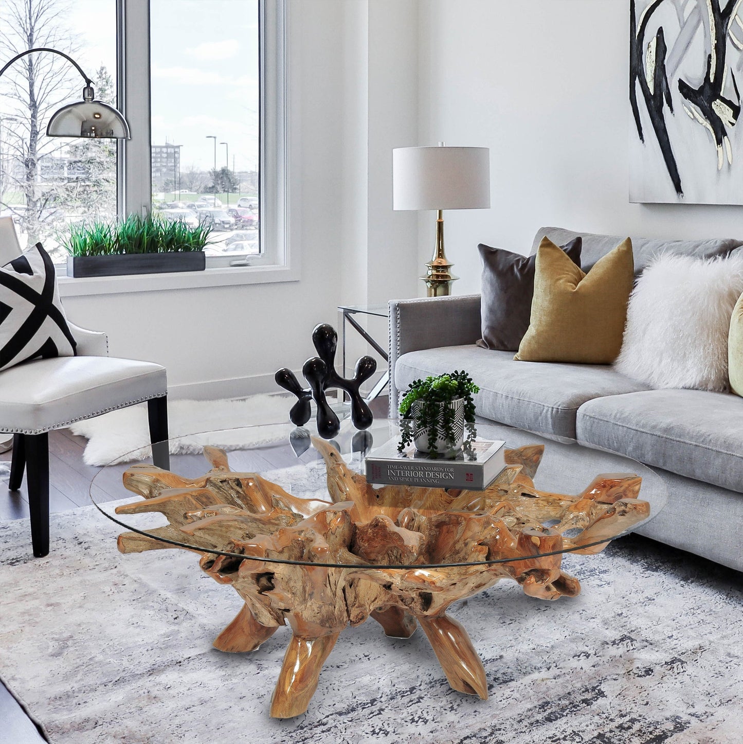 Teak Root Coffee Table with Glass Top - Indonesian Teak Root Table - Luxury Coffee Table - SOGEH Furniture